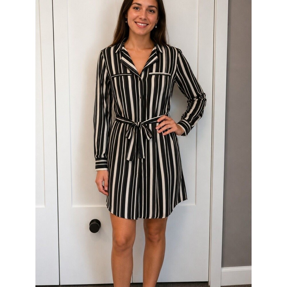 LOFT Striped Shirt Dress Size 10 Tie Waist Button Front Neutral Chic